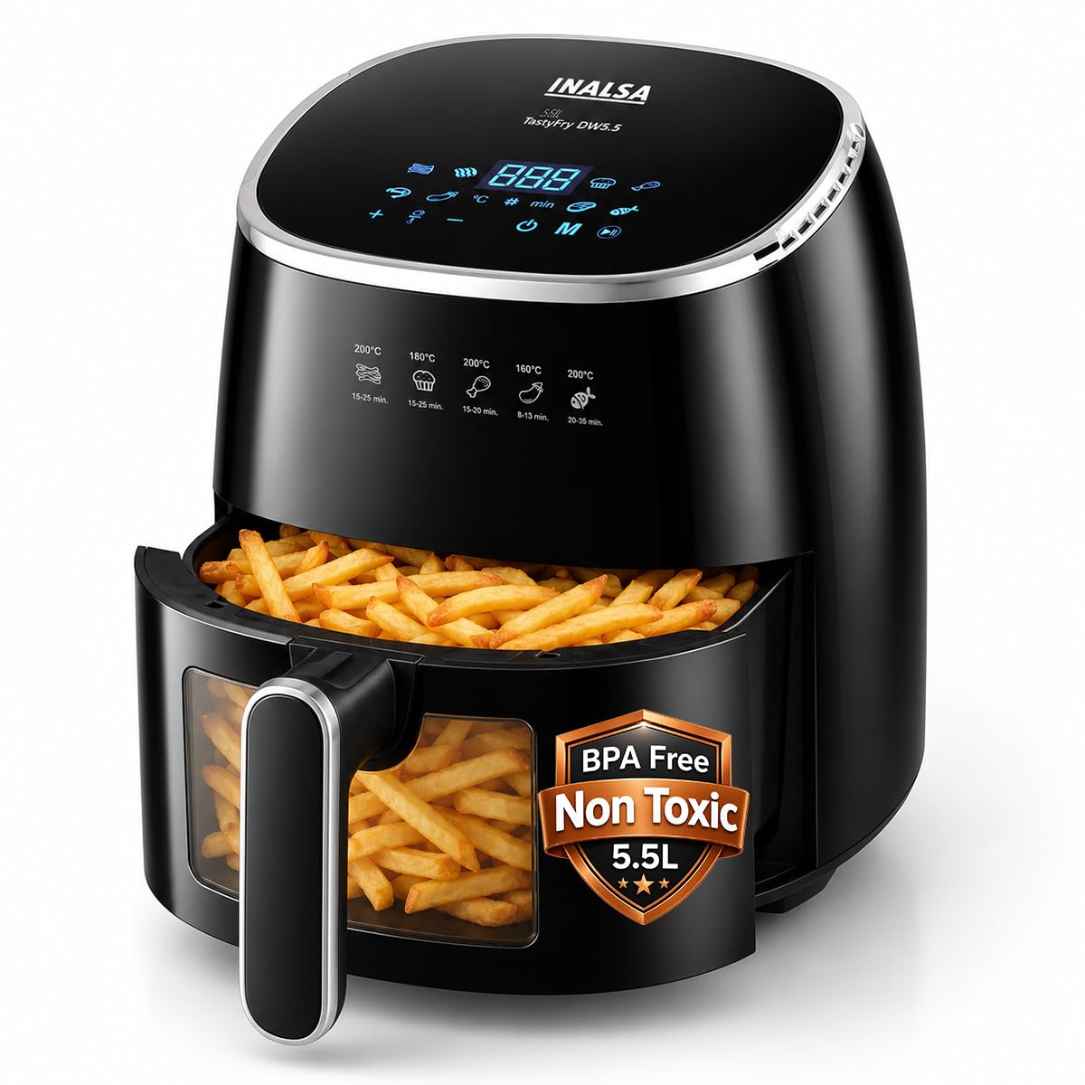 INALSA Air Fryer for Home|5.5 liter Capacity|Visible Window & Internal Light|1600 W with Smart AirCrisp Technology|6-In-1 Appliance With 8 Preset Menu & Digital Display (Tasty fry DW5.5)Black-image-1