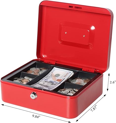 Miniatura 5 de Jssmst SM-CB00125RD - Caja de dinero con bandeja, caja de dinero roja con cerradura de llave, caja de dinero con cerradura para dinero, 9.84 x 7.87
