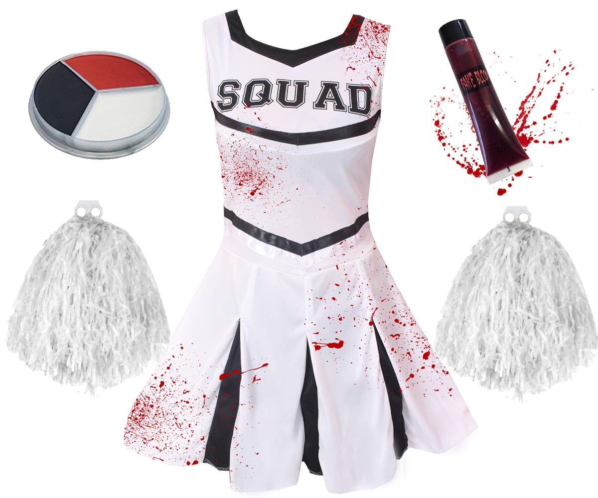 WHITE ZOMBIE CHEERLEADER COSTUME + POM POMS + FACEPAINT + FAKE BLOOD - Image 3