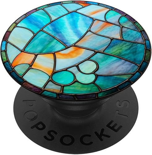 Vitral redondo azul verde naranja patrón PopSockets intercambiable PopGrip