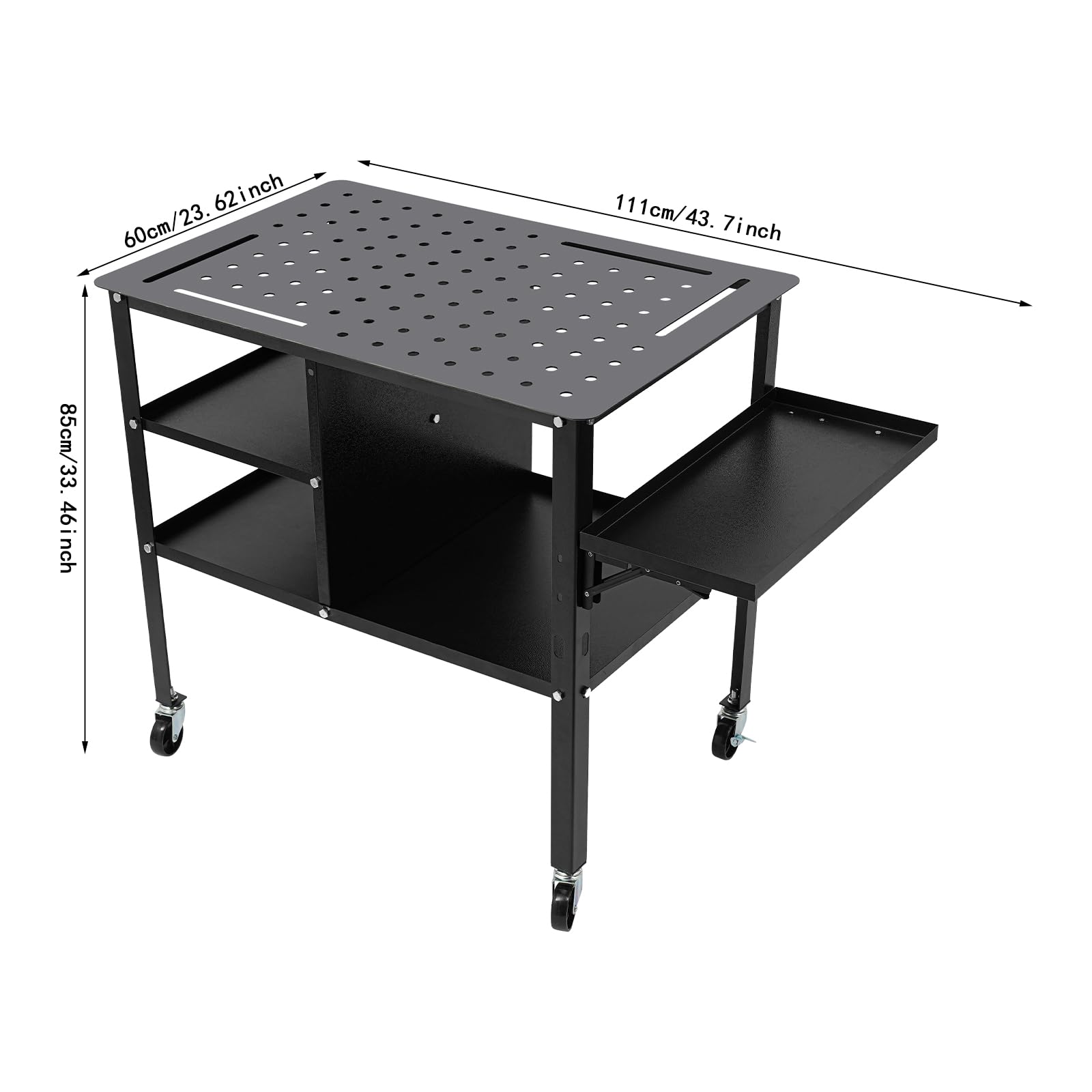 Mesa de soldadura móvil de acero, capacidad de carga de 500 kg, banco de trabajo con ruedas, mesa de trabajo con 4 ruedas, bandeja lateral plegable, placa perforada para taller, reparación de