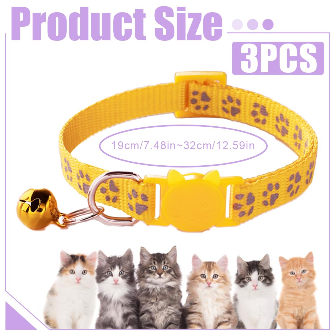 GXGM 3 Pezzi Collare Gatto Antistrozzo con Fibbia di, Sicurezza e Campanello, Regolabile Collare per Gatti, Sicuro Nylon Accessorio per Animali Domestici, Personalizzato (Blu Viola Giallo)