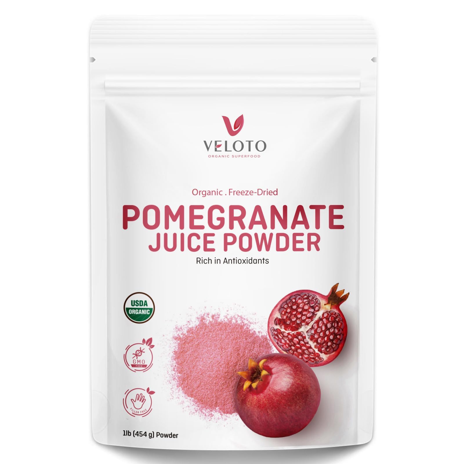 Organic Pomegranate Juice Powder 1 lb, Freeze-Dried, Antioxidant Superfood, No Sugar Added, Unsweetened, Non-GMO, Vegan, for Smoothies, Juice & Baking