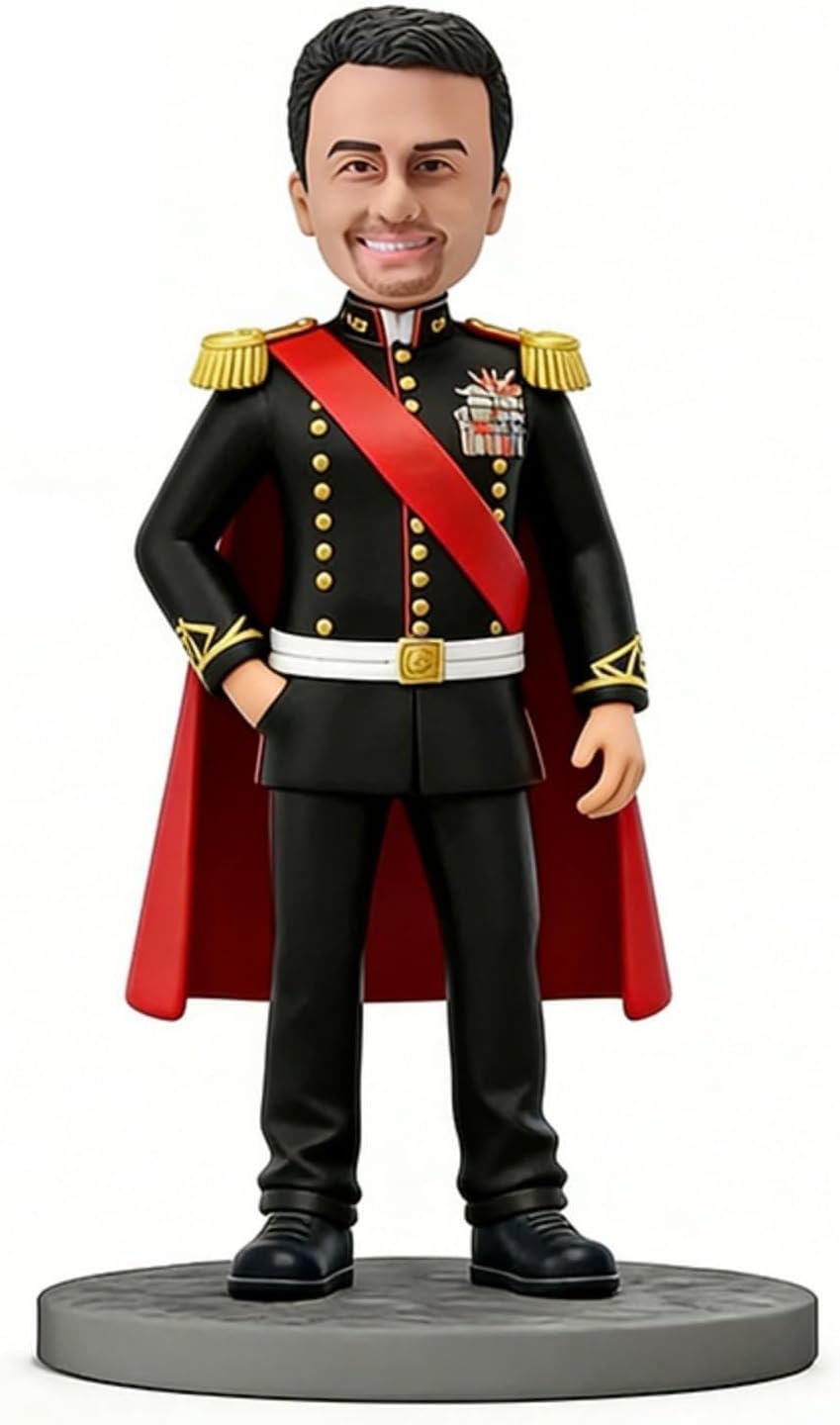 Custom Bobblehead Royal Male Officer in Black Uniform with Red Cape, Personalized Hand-Made Figurine According to Photos Commemorative Ornaments