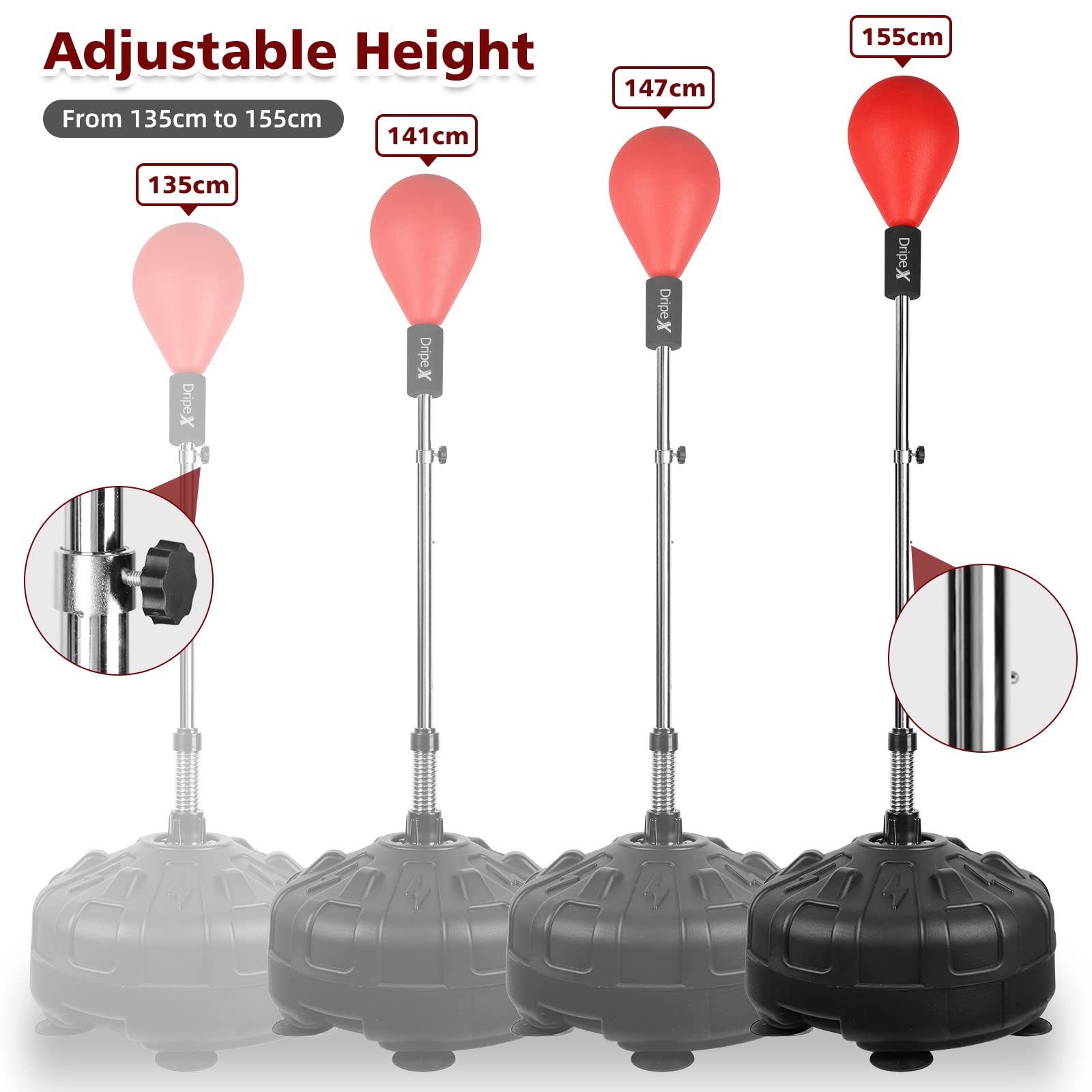 Dripex Punching Ball Palla da Boxe su Supporto Sacco da Boxe Palla di Pugilato da Terra Base con 6 Ventose Altezza Regolabile 135-155 cm
