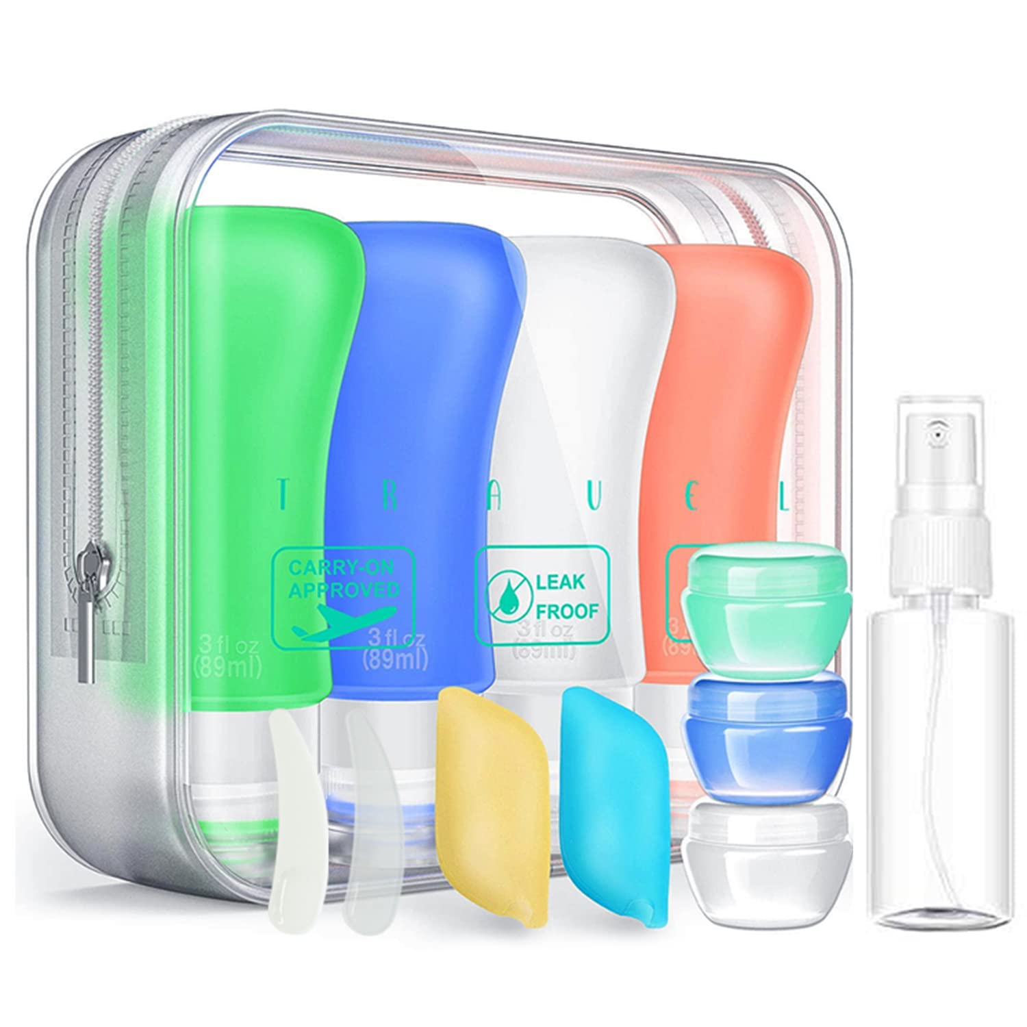Amazon.com: Set de botellas de viaje de silicona, a prueba de fugas, para  líquidos, con bolsa de transporte (neceser), ideal para viajes o uso  personal, para champú o acondicionador (verde) : Belleza