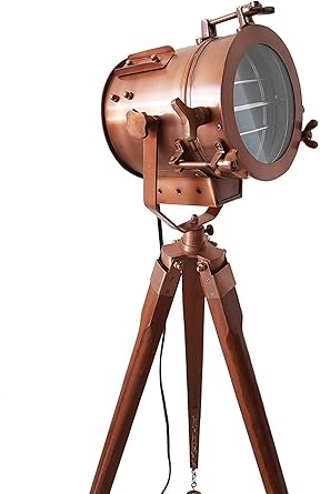 Amical Laser Cut Antique Vintage Copper Old Century Wooden Tripod Searchlight Lamp Floor Standing Stand LED Spotlight Home Decor