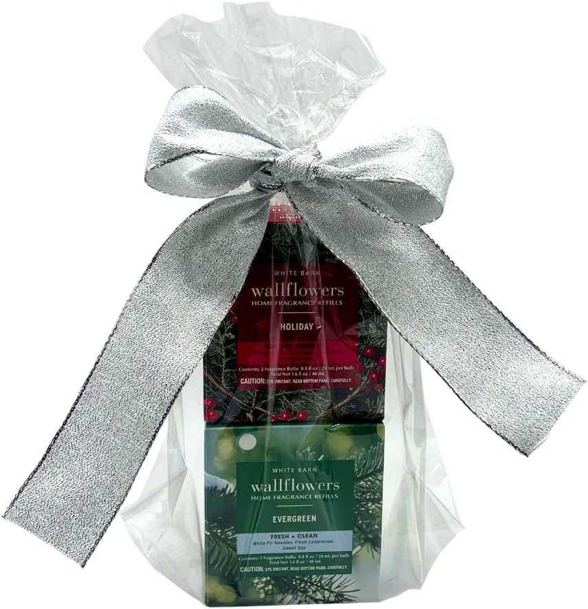 Bath & Body Works HOLIDAY & EVERGREEN Wallflowers Home Fragrance Refill 2pc Bundle Gift Set with 30-Inch Metallic Silver Ribbon Bow – Winter & Christmas Scents - 0.8 fl oz Each
