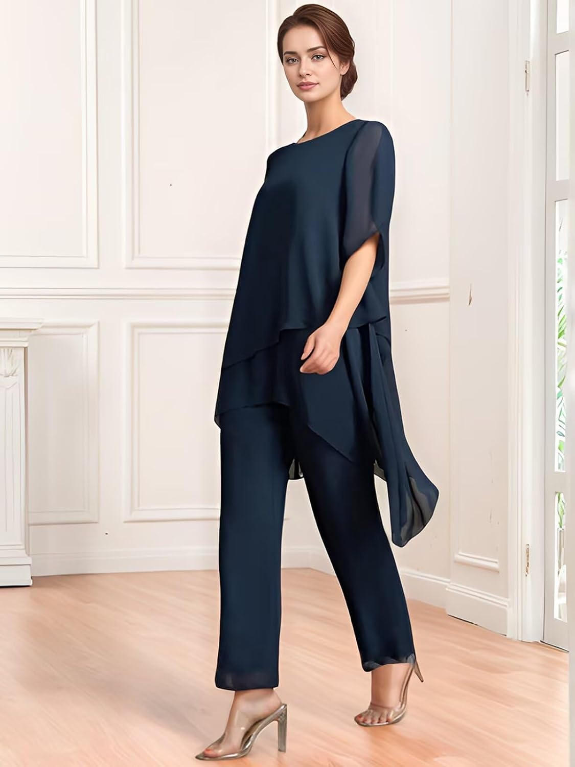Chiffon Mother of The Bride Pantsuits for Wedding Women's Flutter Sleeves Formal Dressy Outfit