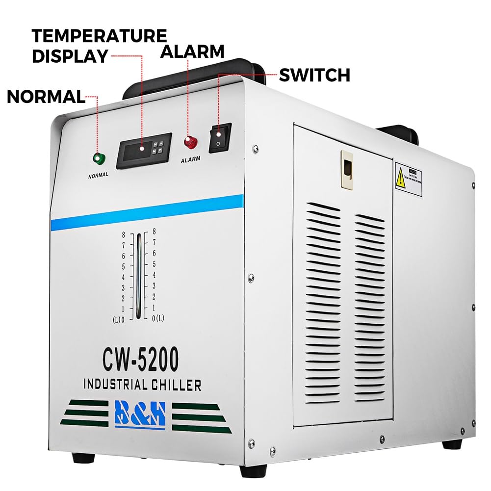 Enfriador de Agua Refrigerado Industrial 220V CW-5200DG para Tubo Láser de CO2 130/150W, Enfriador de Tubo Láser de Vidrio CO2 con Termostato Preciso, Tanque de Enfriamiento de 6L 1400W(CW-5200)