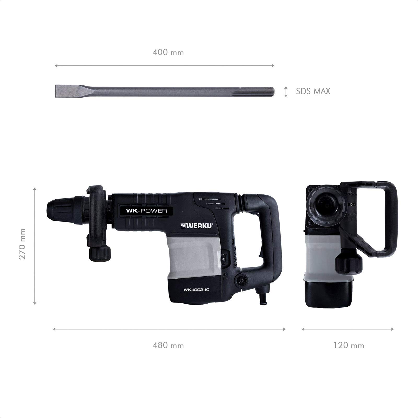 Werku WK400240, Martillo Demoledor, Calidad Profesional, Potencia 1500 W, Energía Impacto 25 J, Portabrocas SDS-Max, Sistema Antivibración, Incluye Maletín y Cincel