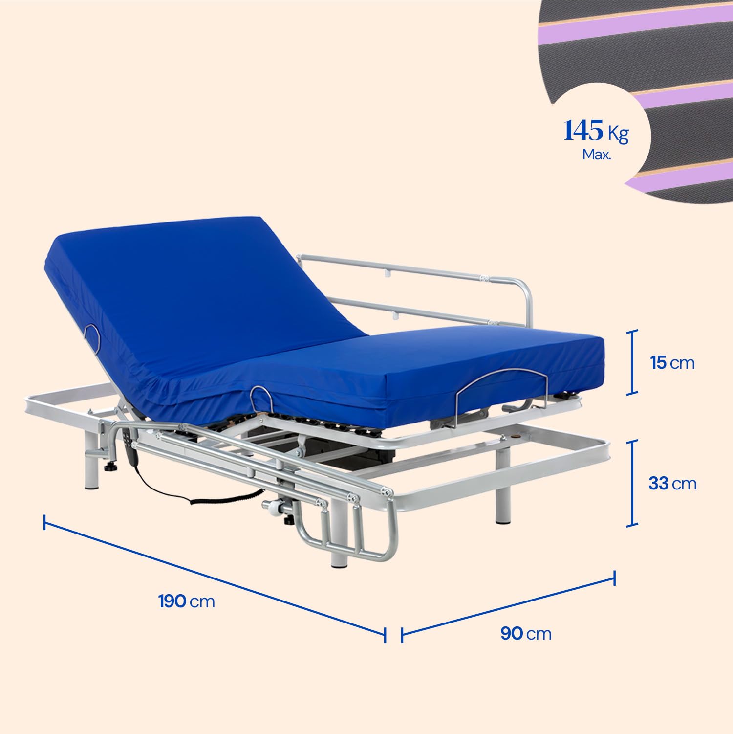 Geriafy Cama articulada con colchón Professional HR Care 90x190 cm | Barandillas abatribles, colchón 15 cm HR impermeable, máximo confort y fácil montaje