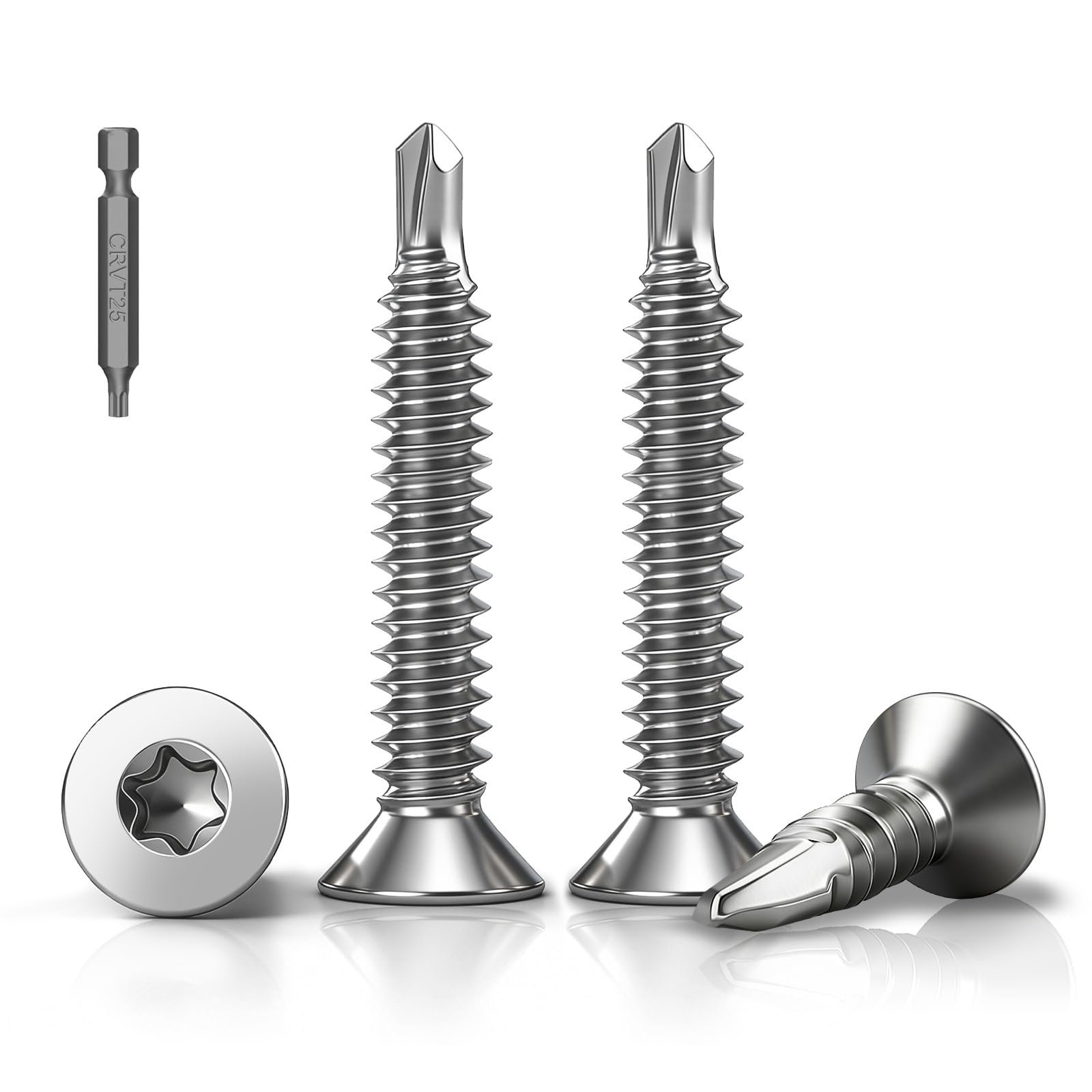 Pack of 120 Torx Drilling Screws, M4.2 x 32 mm Countersunk Head Self-Tapping Screws Stainless Steel 410, Flat Head Self-Drilling Screws Tapping Screws DIN7504 Metal Roofing Screws for Steel Sheet Wood
