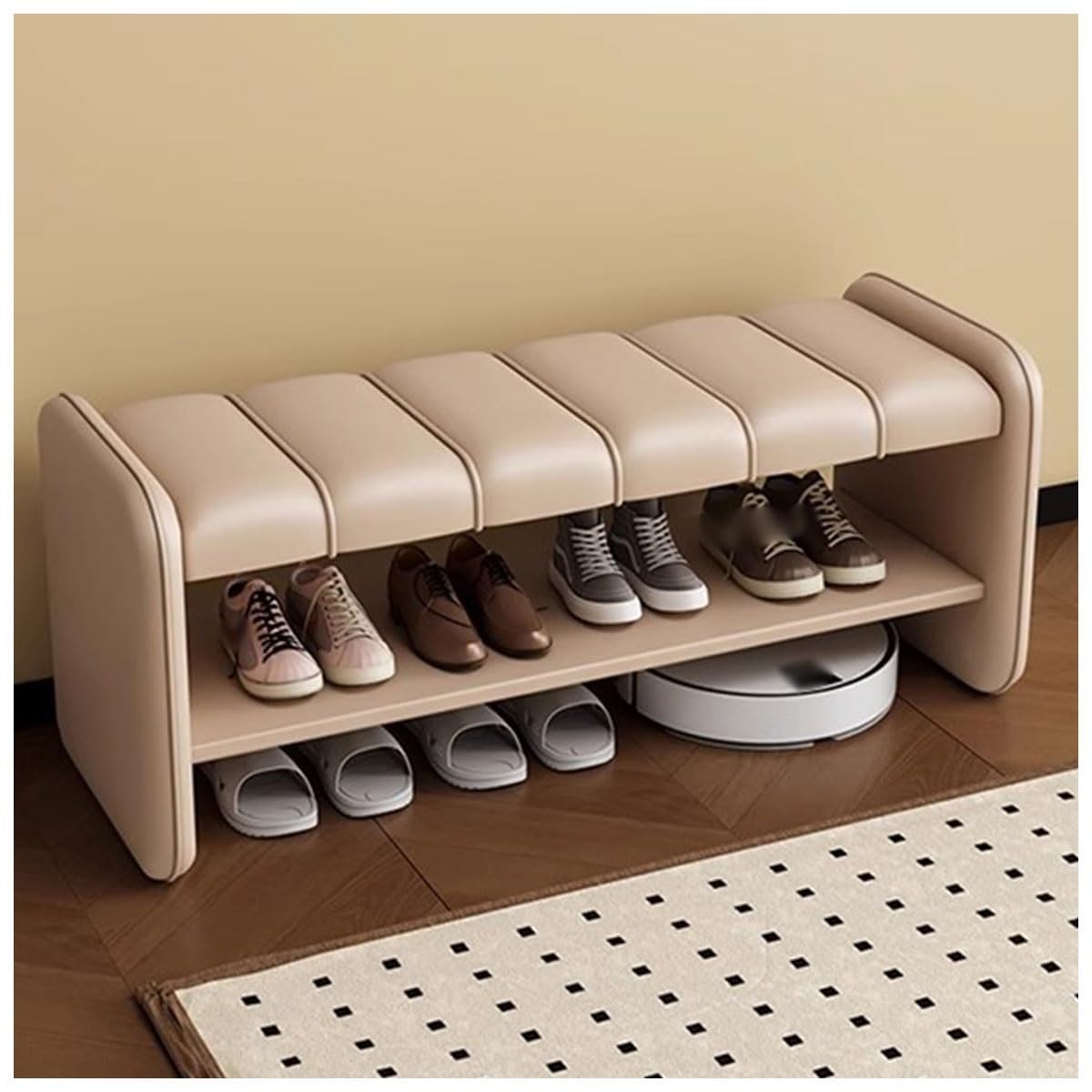 Banc de rangement pour entrée en bois massif beige de 80cm avec étagère basse