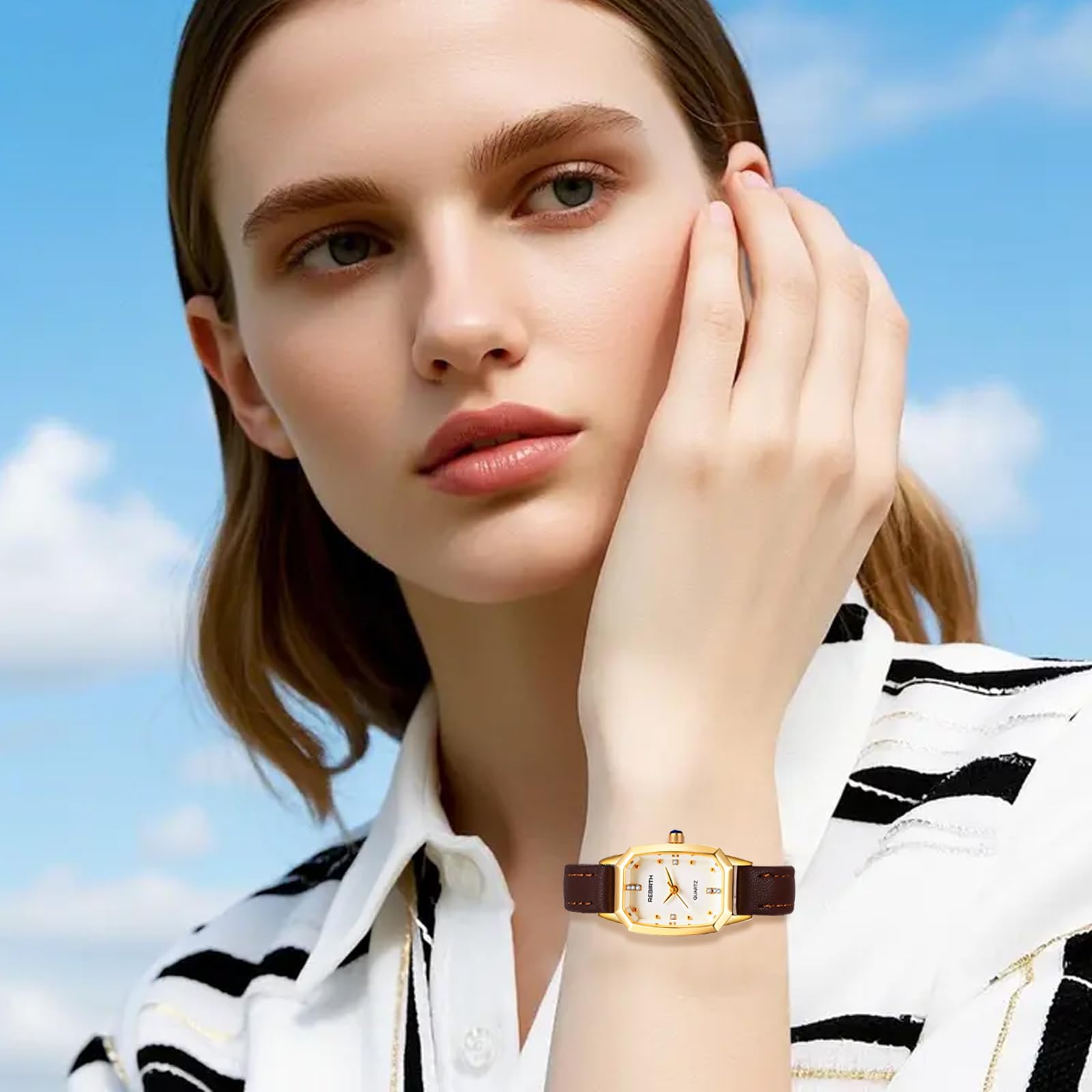 JewelryWe Zegarek damski, mały, prostokątny, 3 sztuki, minimalistyczny, analogowy, kwarcowy, wąski, skórzany pasek, ultracienki, luźny zegarek z kwadratową skalą diamentową, wielokolorowa