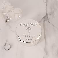 Vista 2 de Personalized Round Jewelry Keepsake Box with Custom Name and Engraved Cross with Message for Baby Christening Gift, Silver Toned