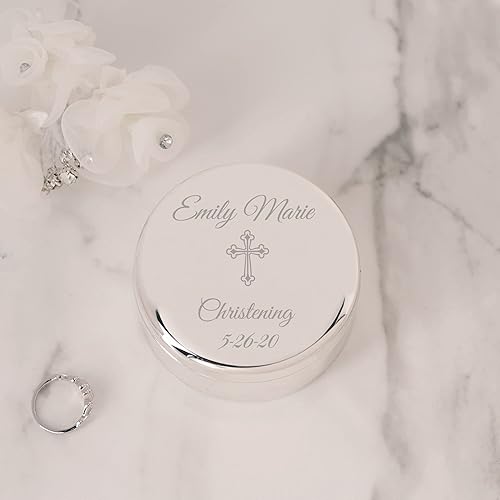 Miniatura 2 de Personalized Round Jewelry Keepsake Box with Custom Name and Engraved Cross with Message for Baby Christening Gift, Silver Toned