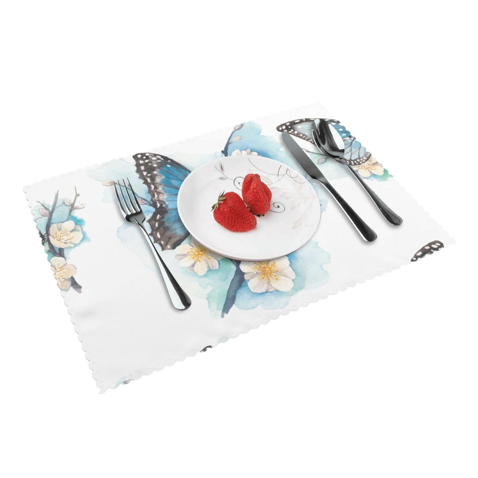 4 PCS Heat Resistant Placemat 45x30 CM, Blue Butterfly On Blossom Flower Printed Non-Slip Place Mats for Kitchen Dining Table Indoor Outdoor