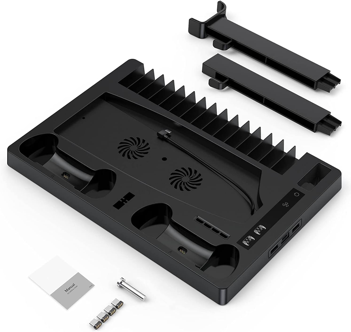 Vertical Cooling Fan Stand for PS5 Console, Digital Editions Dual Controllers Charger, 2 Silent Cooling Fans, Retractable Game Storage Slots, for Playstation 5