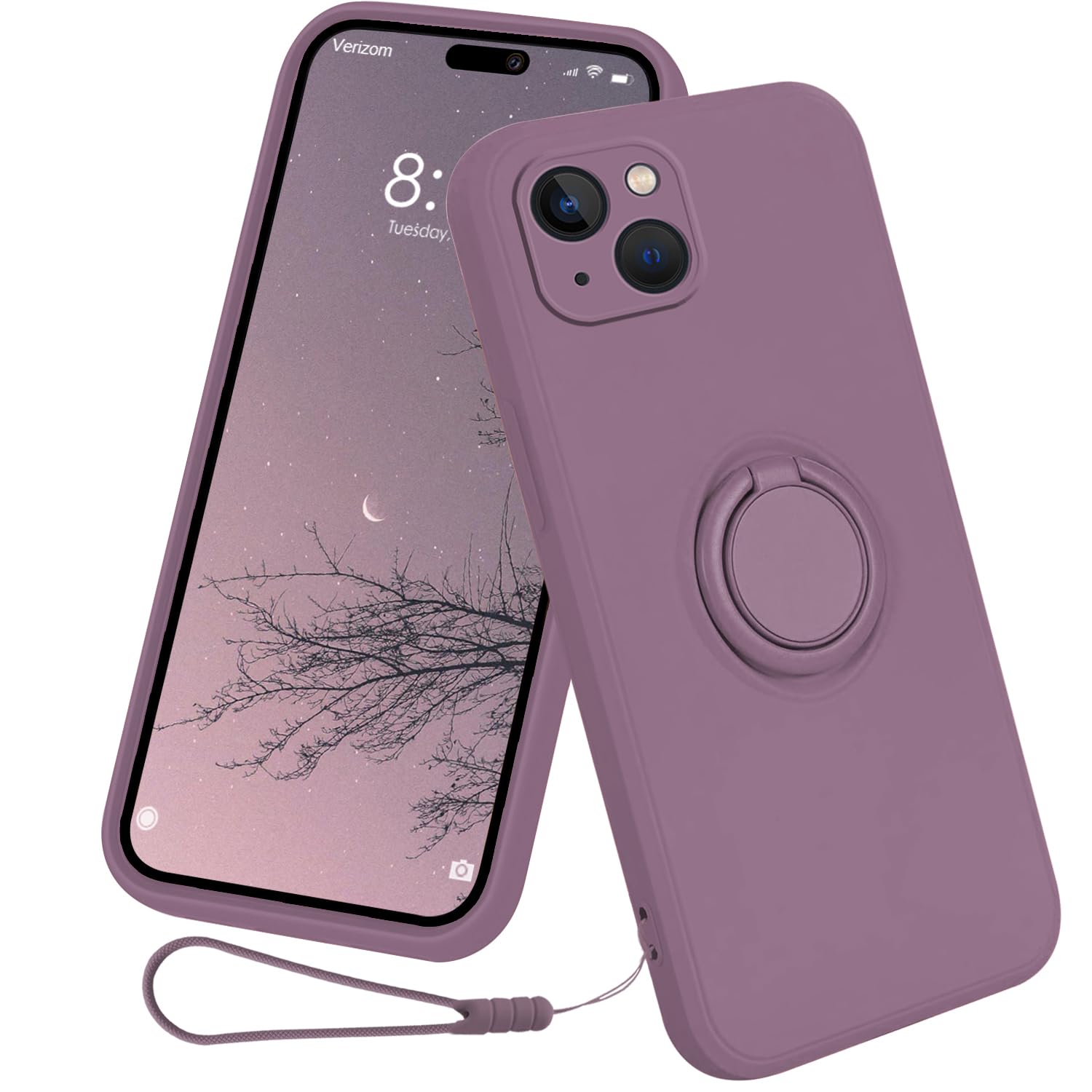 CAIOUSCase for iPhone 15/15 Plus/15 Pro/15 Pro Max（2023 Released）, Silicone Case with Ring 360°rotatable Kickstand Support Magnetic Car Mount Cover with Strap Lanyard (15 Plus, Purple)