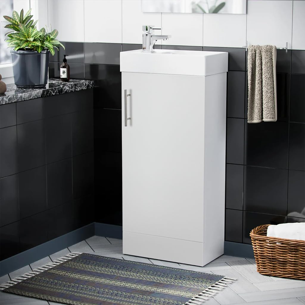 Home Treats 450 Vanity Unit Furniture, Ceramic Wash Basin Sink, Floor Standing, Soft Close Doors Bathroom Storage Cabinet - White (Vanity 40cm)