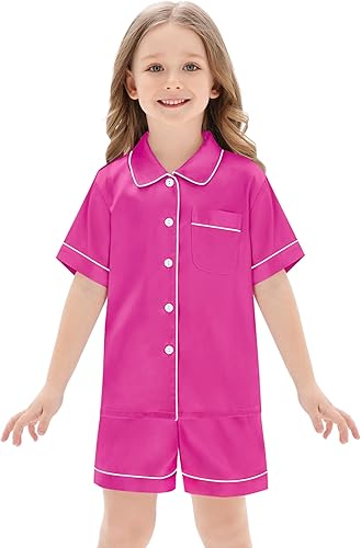 SWOMOG Conjunto de pijama unisex de satén de seda para niños y niñas, conjunto de pijama con botones, ropa de dormir de manga corta, 2 piezas