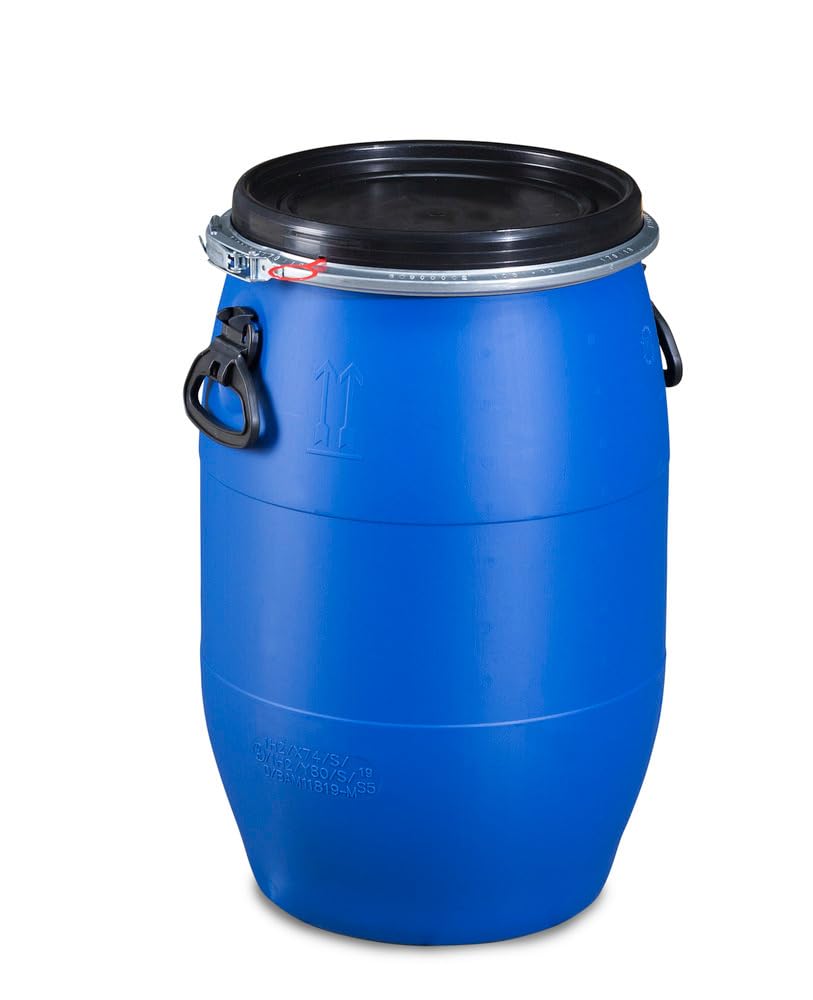 Fût Plastique 60L avec Couvercle & Anneau de Serrage – Certifié UN pour Marchandises Dangereuses – Polyéthylène Résistant – Ø 400 x H 625 mm – Sans Aération – Qualité Alimentaire