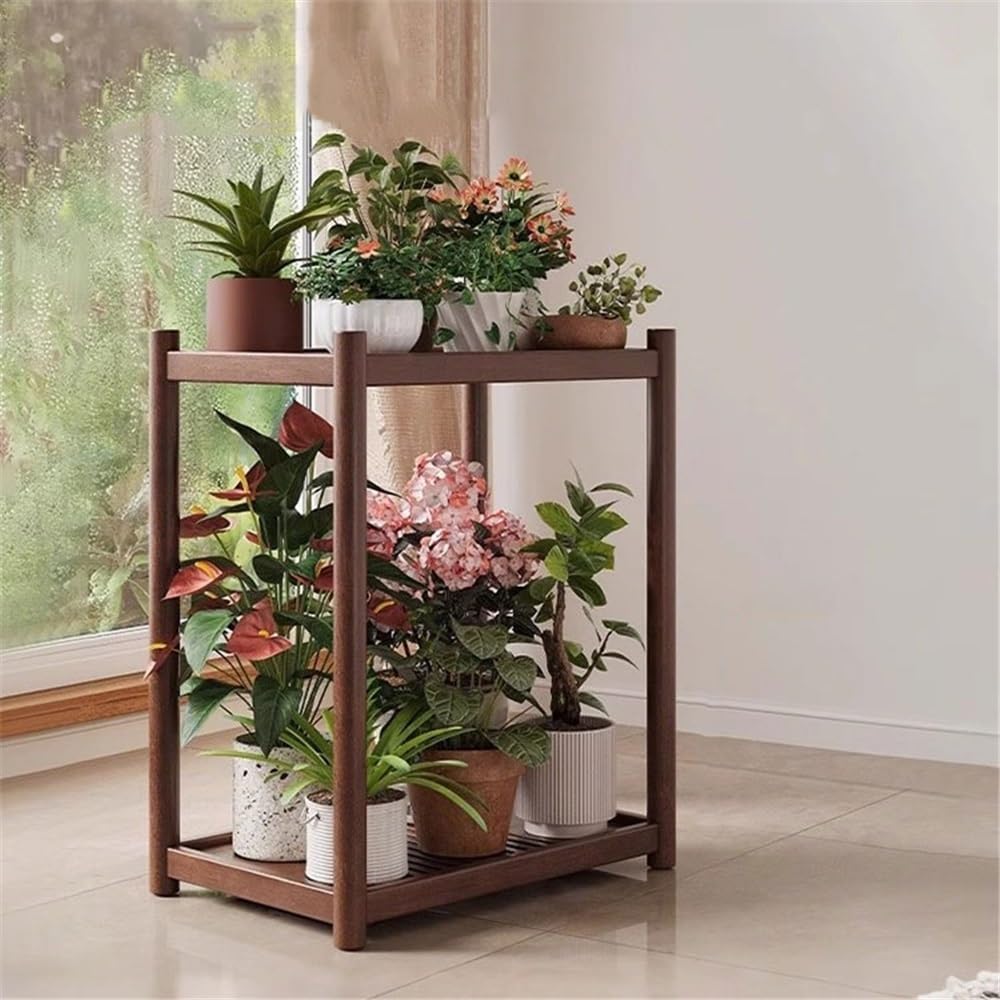 Stand Plant Portavasi a Due Piani Color Noce for Interni ed Esterni, divani, tavolino Laterale, Porta Bonsai in Legno