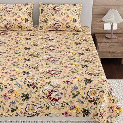 Image of Living Roots Ethnic Jaipur Block Print Double Cotton Bedsheet & 2 Pillow Covers, for Mattress Upto 6 inches Thick, No Colour Bleeding, Yellow Colour, King Size 90 * 108 inches, 120TC (616-B)