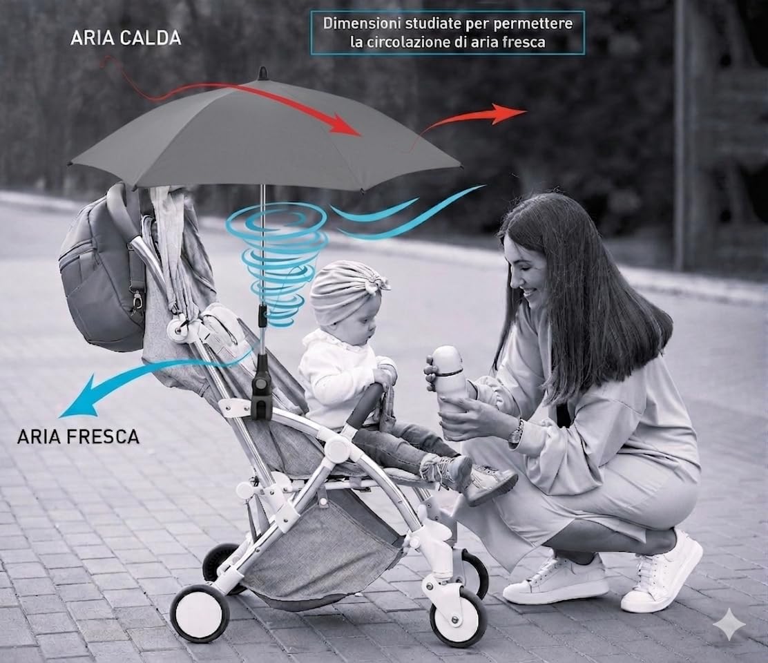 TC BABY'S Sombrilla para cochecito de bebé, universal, anti UV, protección para niños, color gris oscuro