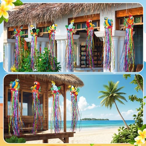 Image of Affrolling 8 Pcs Tropical Birds Party Decoration Hawaiian Luau Tiki Jungle Theme Hanging Outdoor Decor with Tassels for Birthday Party Supplies 3.3 ft Summer Bird Toucan Leaf Garland Door Banner Sign