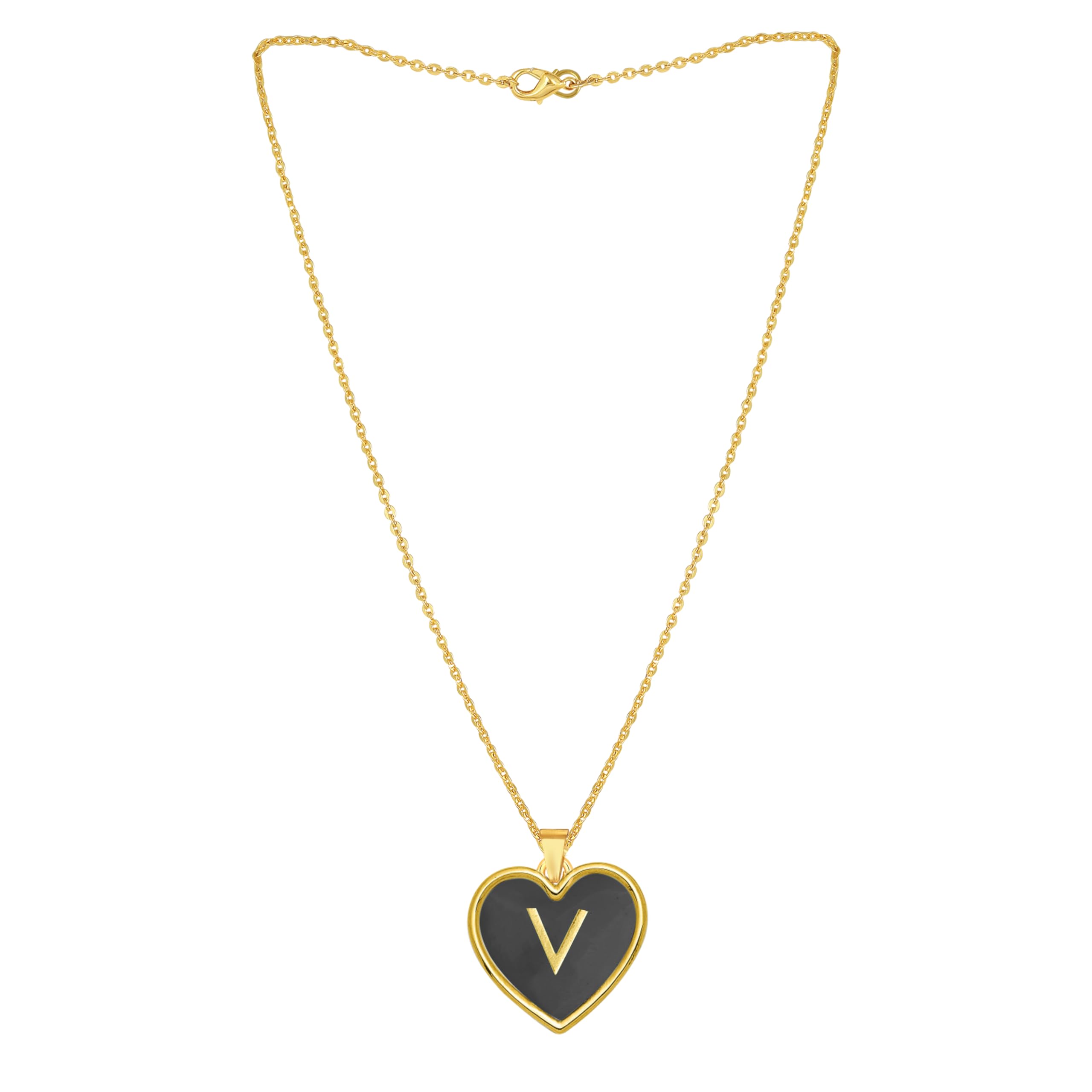 Gold Heart Pendant Necklace with 'V' Initial and Black Enamel Unique Style