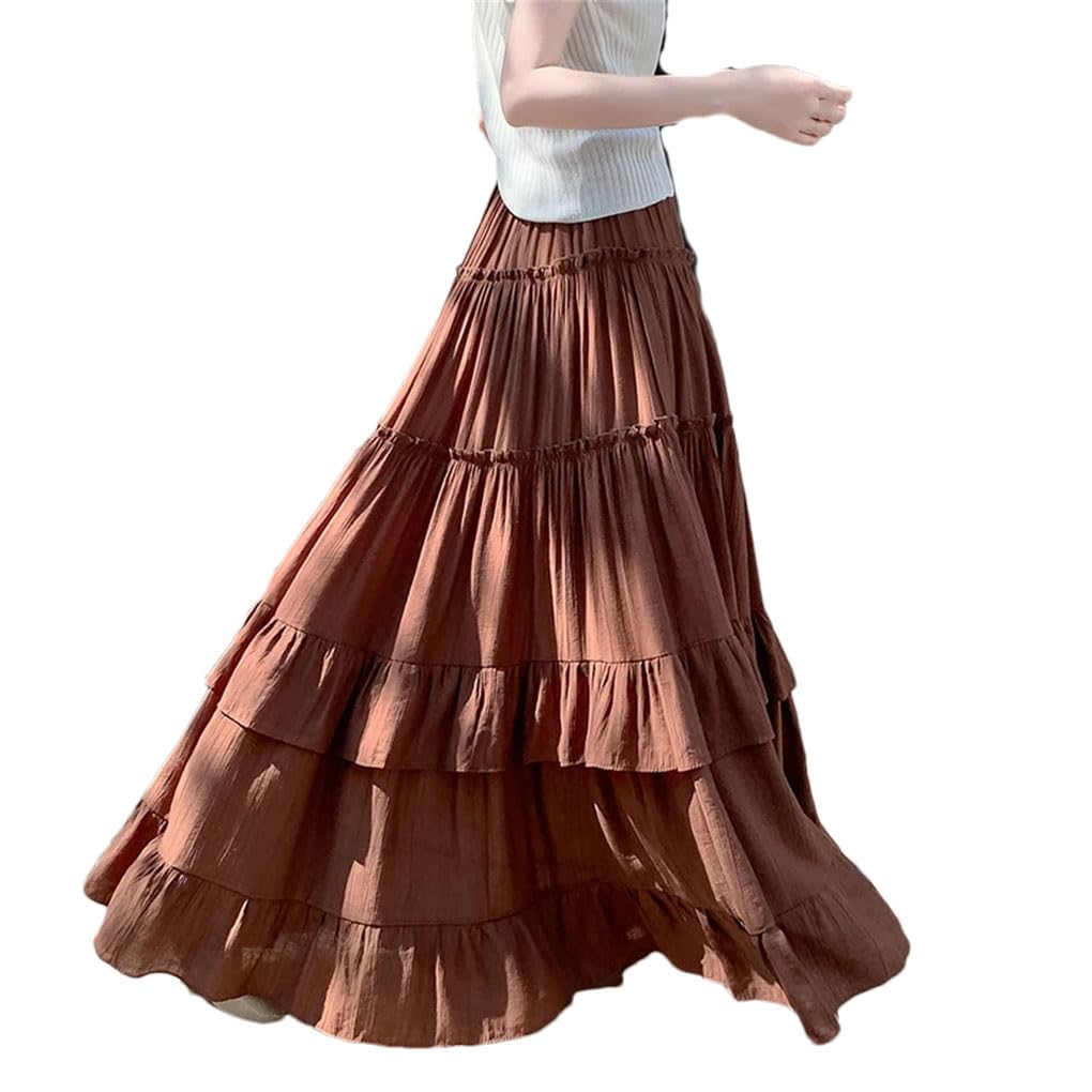 Jupe plissée en mousseline de soie de couleur unie avec ourlet à volants et taille haute pour femme