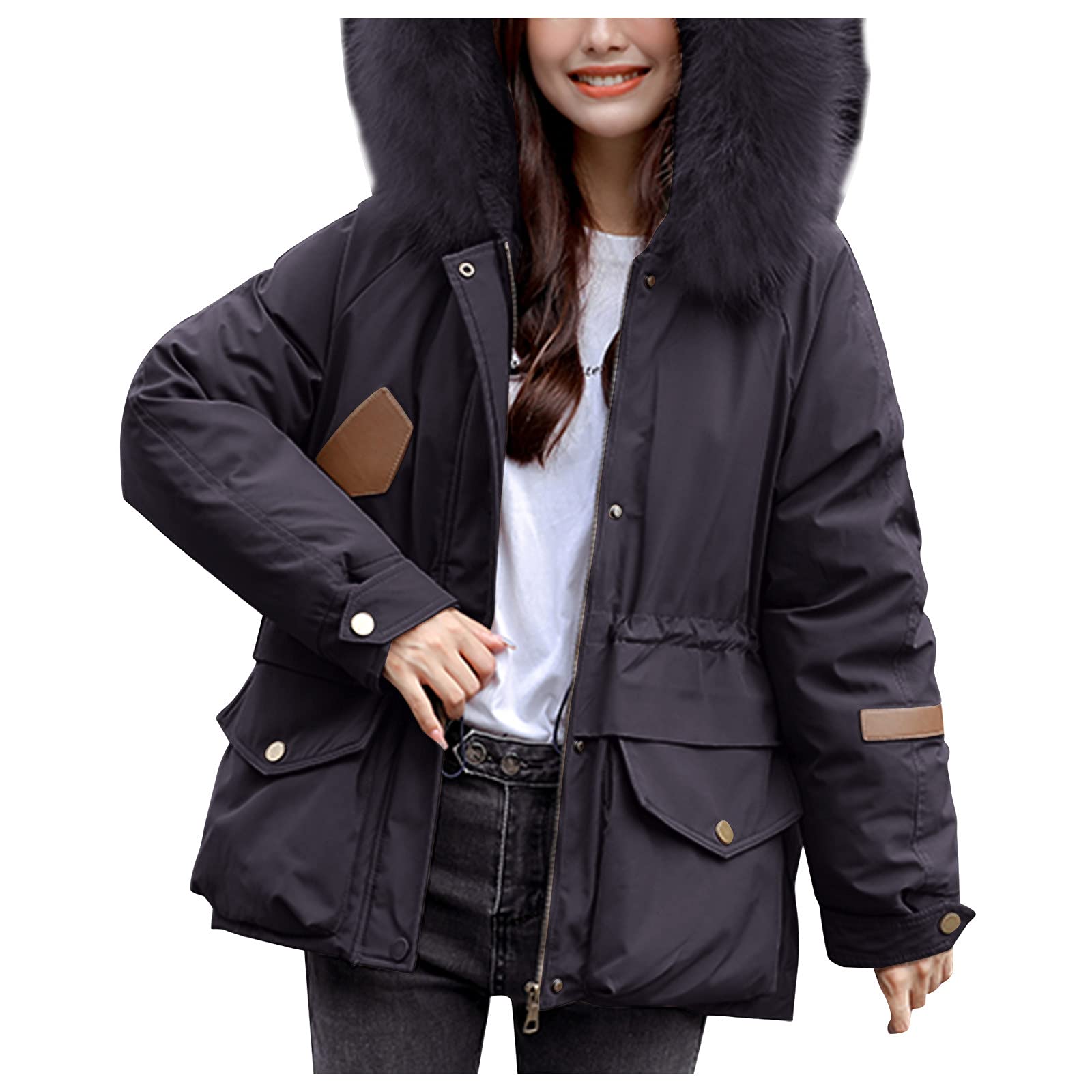 Chaqueta de invierno para mujer, moderna, cálida, acolchada, cortavientos, de piel sintética, parka con capucha, bolsillo corto, parka para exteriores, cortavientos, M - XXL