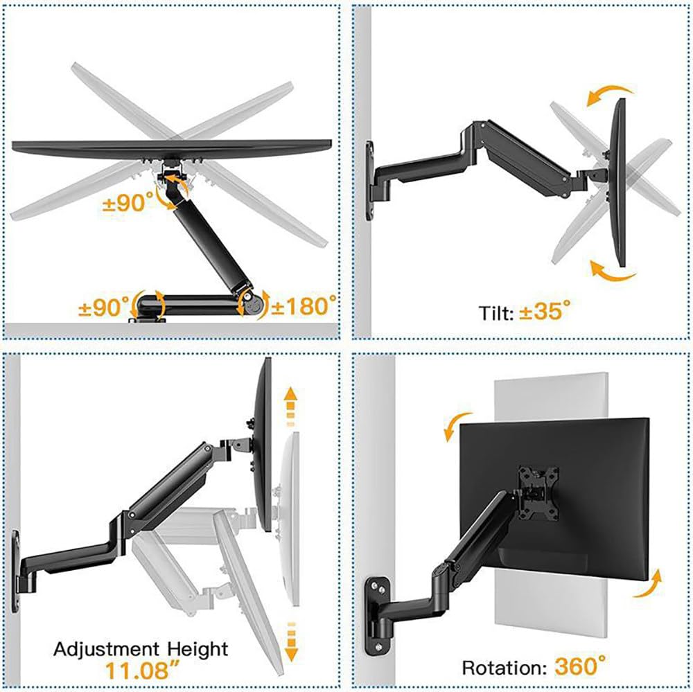 Display con Braccio Pneumatico a Schermo Singolo,Schermo da 17-32 Pollici,Supporto da Parete per Monitor Regolabile per Impieghi Gravosi,Rotazione di 180°,Altezza Disponibile 11,08 Pollici