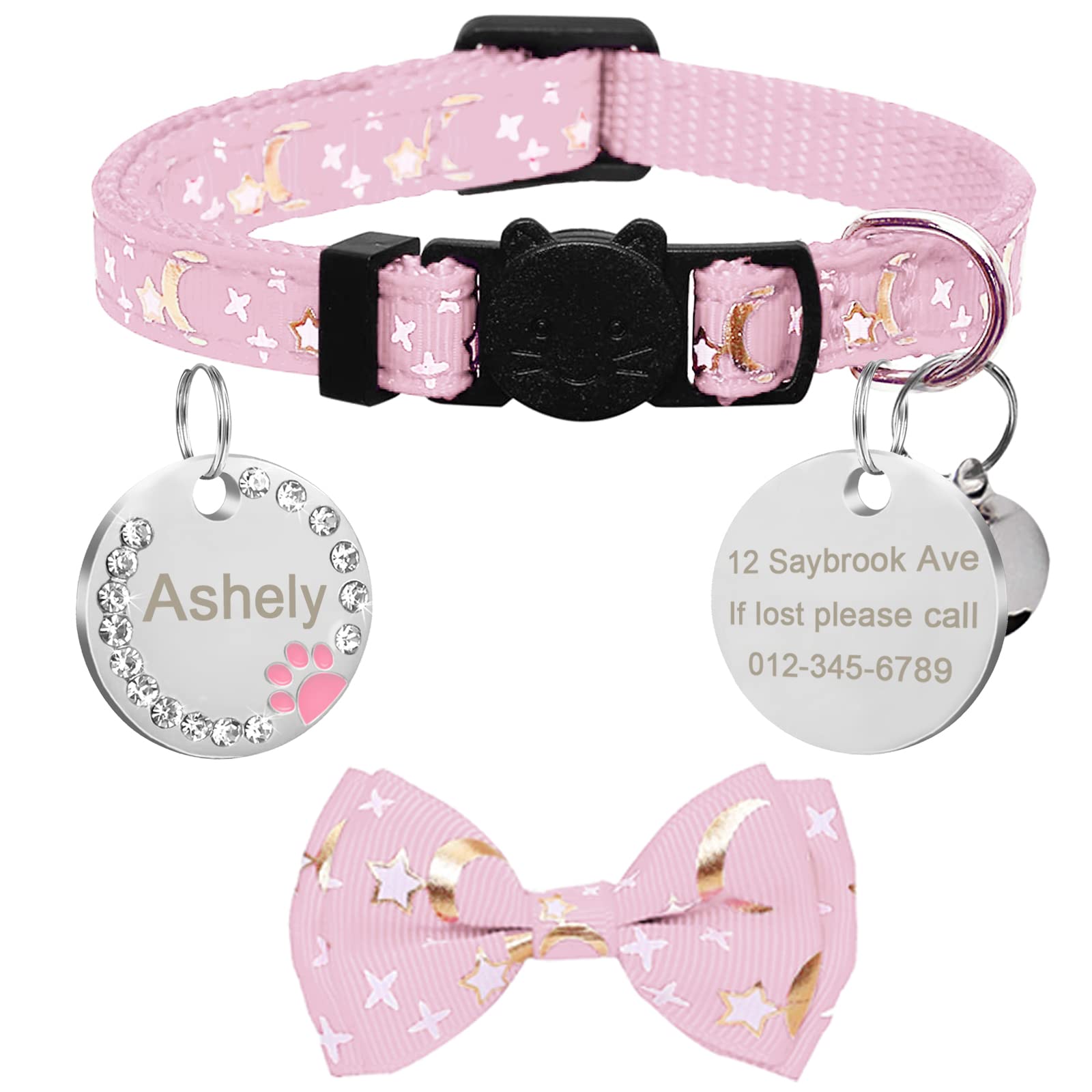 CAMAL Personalized Cat Collar, Moons & Stars Pattern Breakaway Cat Collar with Name Tag & Bow Tie Removable, Kitten Collar with Bell for Girls & Boys (Pink)