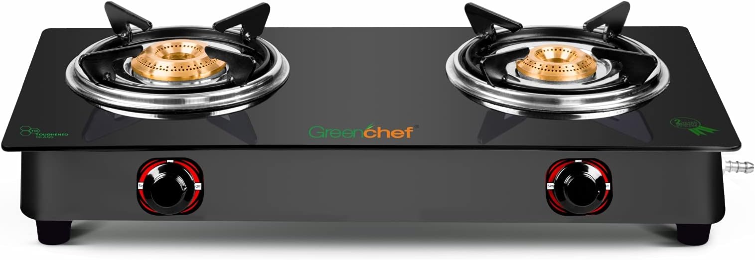 GREENCHEF Elon Glass cook top 2 Burner Gas stove,Black Body (Manual