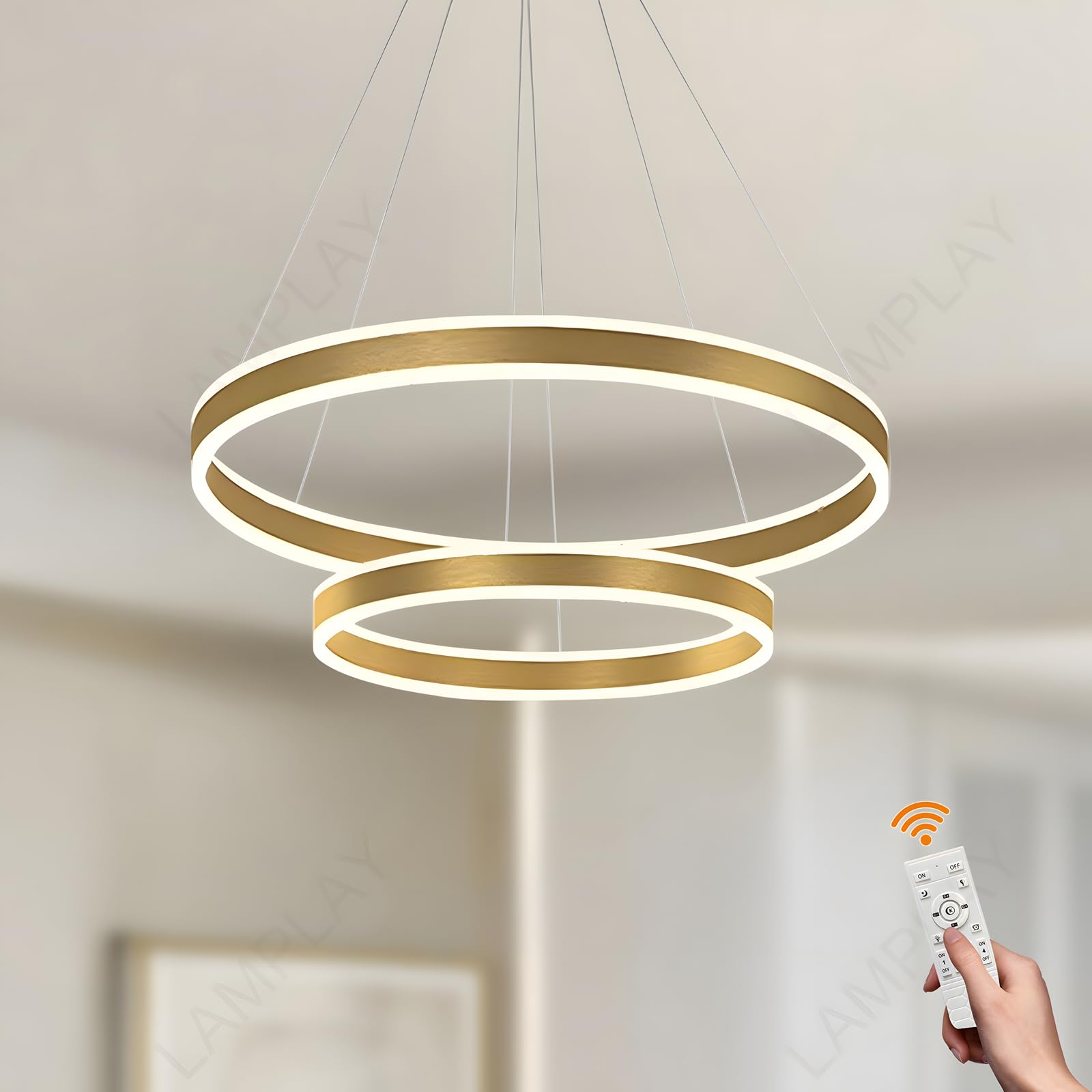 LAMPLAY Round LED Modern Pendant Light, 2 Golden Ring Chandelier, Dimmable with Remote Control 3000K-6000K Ceiling Light, Height Adjustable, Foyer Living Room Bedroom Dining Kitchen Island (Ø40+60cm) — image 1