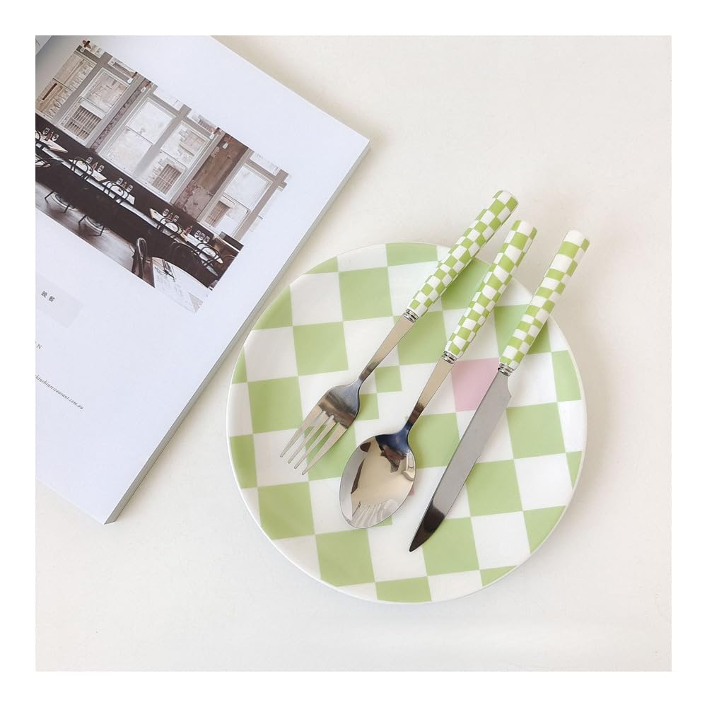 (12 Pieces) Chequerboard Ceramic Handle Kitchen Stainless Steel Silverware Tableware Flatware Cutlery Set Steak Knife Fork Spoon Teaspoon (Green)