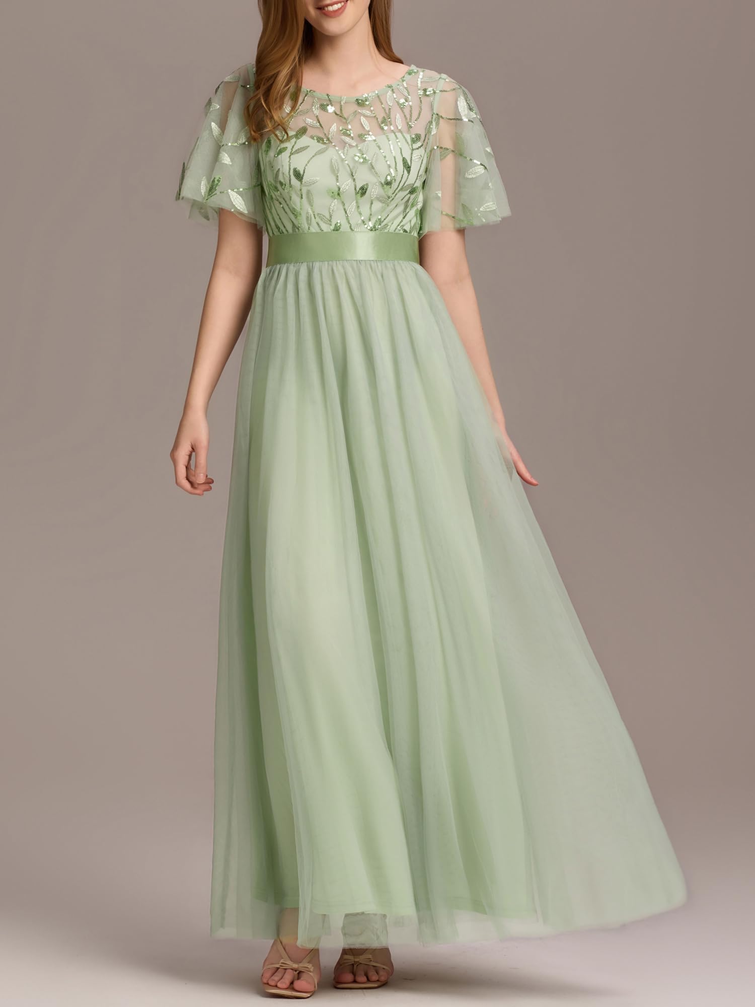 Ever-Pretty Robe de Soirée pour Mariage Demoiselle d'honneur Manches Courtes Taille Empire A-Line Tulle Longue Femme 00904