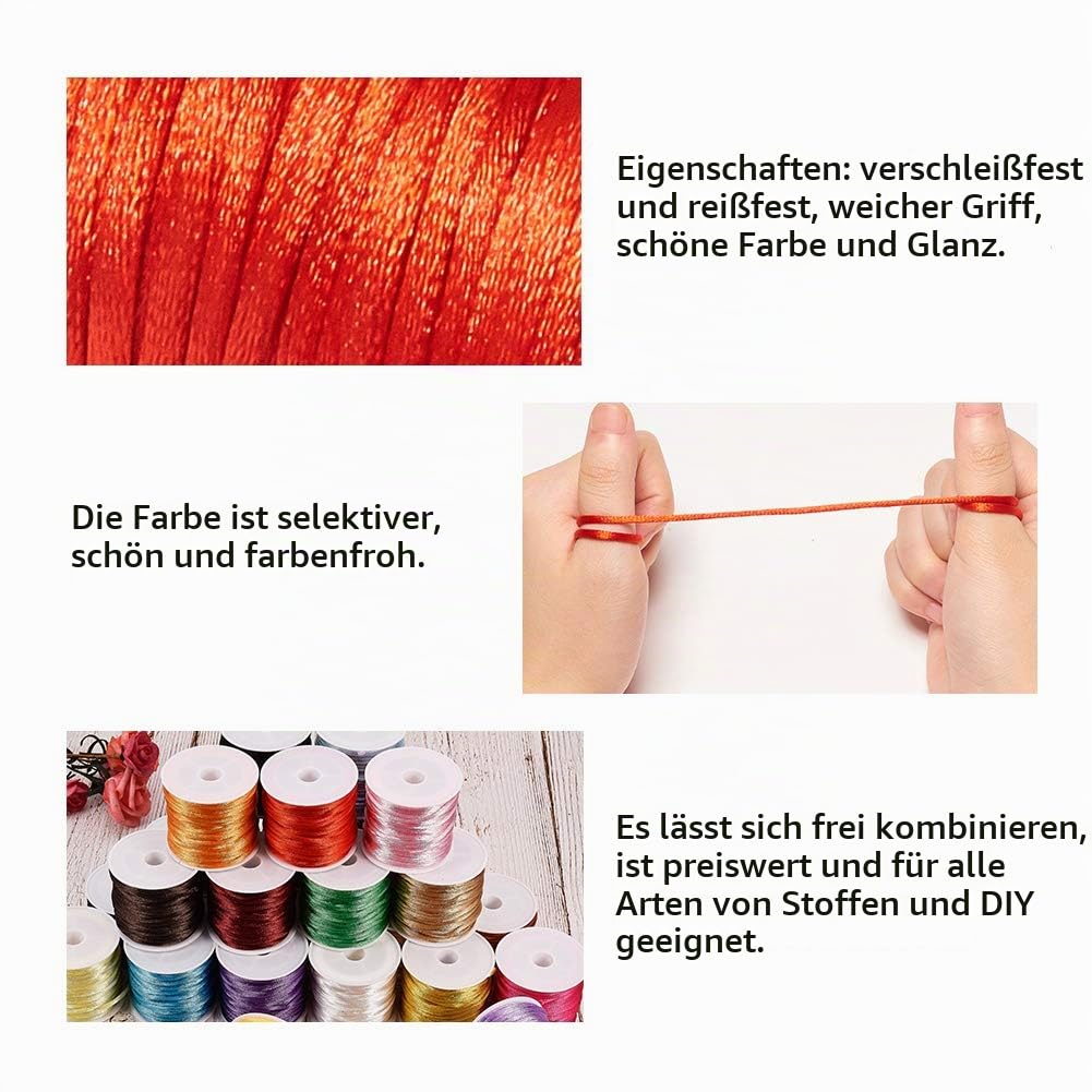 PH PandaHall Kumihimo Nylonschnur, 30 Farben, 2 mm, Nylonschnur, Satinband, für Herstellung von Knoten, Armband, Halskette, Perlen, Kumihimo, 10 m