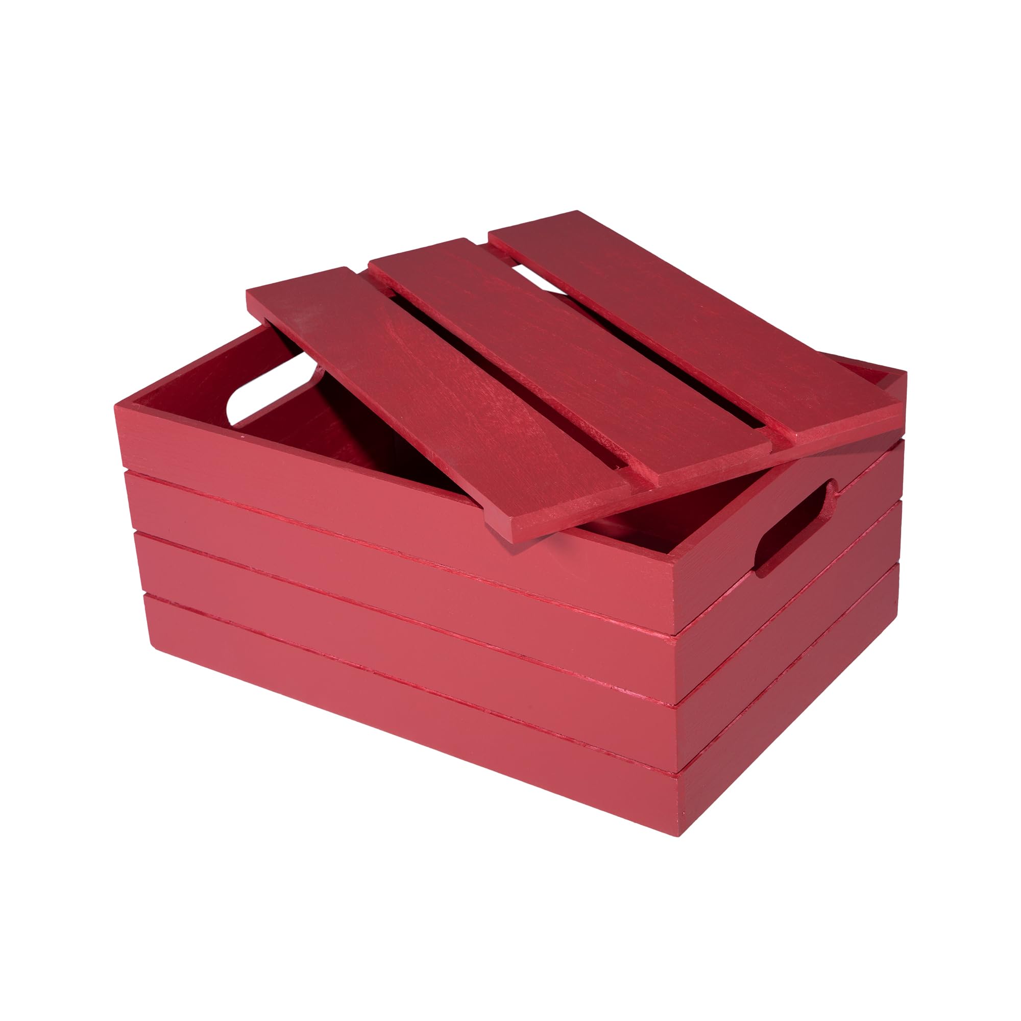 Green Leaves Red Wooden Crate With Detachable Lid Storage Box Gift Hamper Retail Display Shelve Box (, Small)