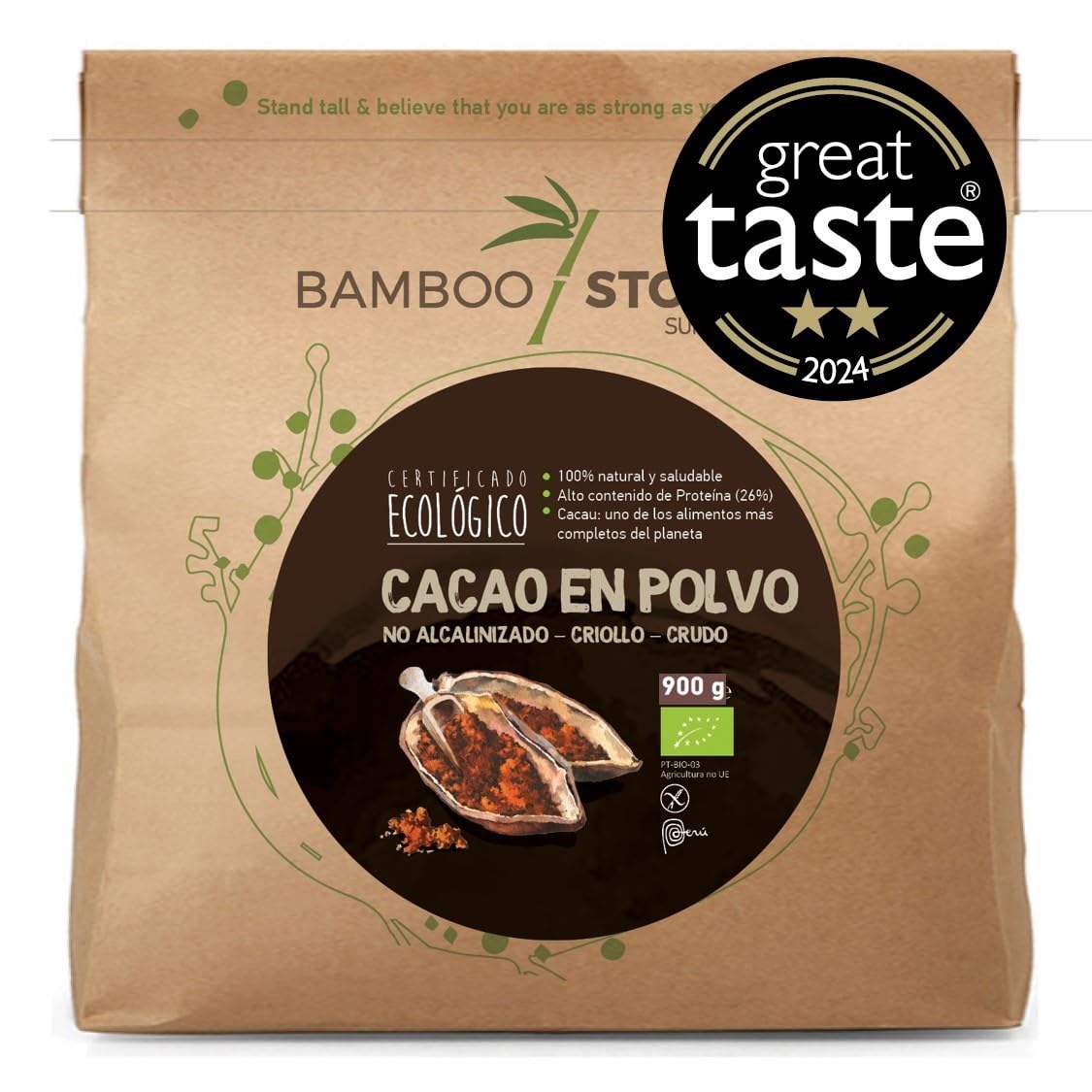 100% CRUDO | NEW | Cacao Polvo | BAMBOO STORY | Ecológico | 100% Peru | Criollo Premium | Great Taste Award | No Alcalinizado | 900g | Puro | Sin Azúcar | Grasa 18%