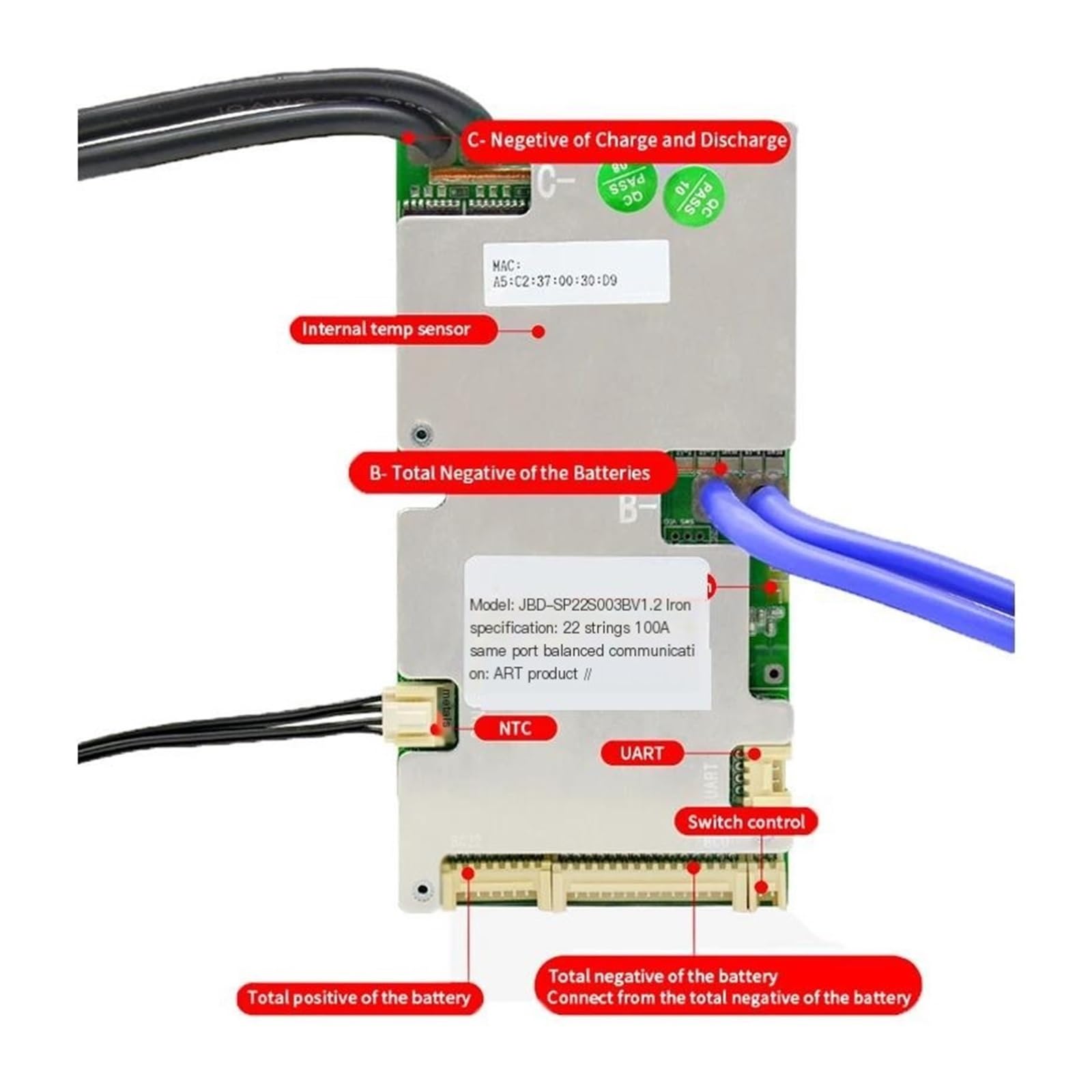 Piastra di protezione della batteria agli ioni di litio Bilanciatore BMS 6S 8S 10S 12S 14S 15S 16S 18S 20S 21S 22S BMS Lifepo4 100A 80A 50A 40A 24V 36V 48V 60V BT integrato con NTC(Li-ion 6-21S,80A UA