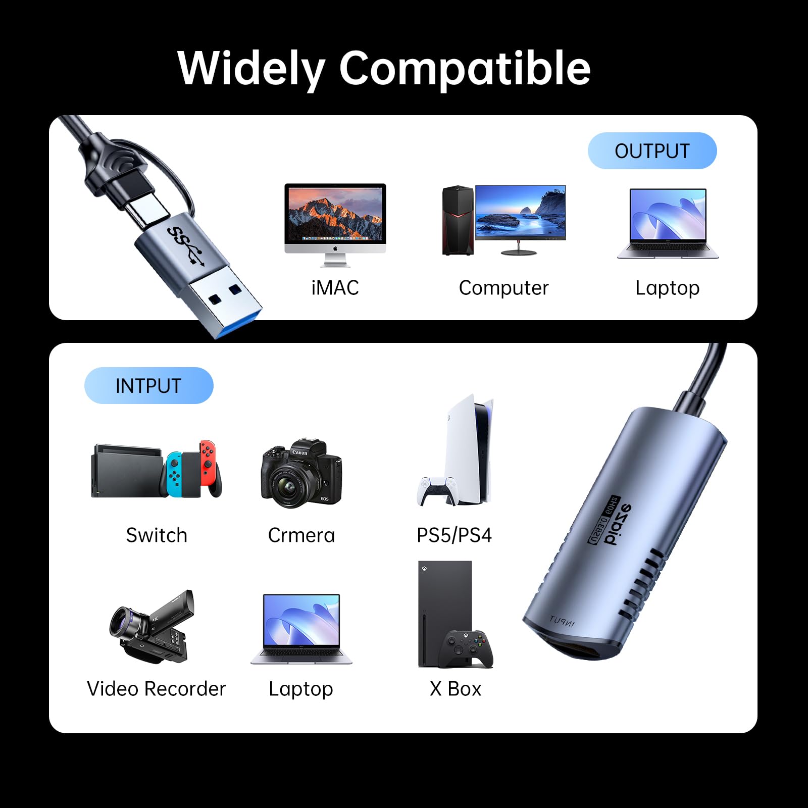 Tarjeta de captura de video HDMI 4K 60Hz, entrada USB/tipo C, compatible con Switch/PS5/portátil/teléfono móvil/cámara MS2130, dispositivo de transmisión en vivo, no requiere controlador, OBS