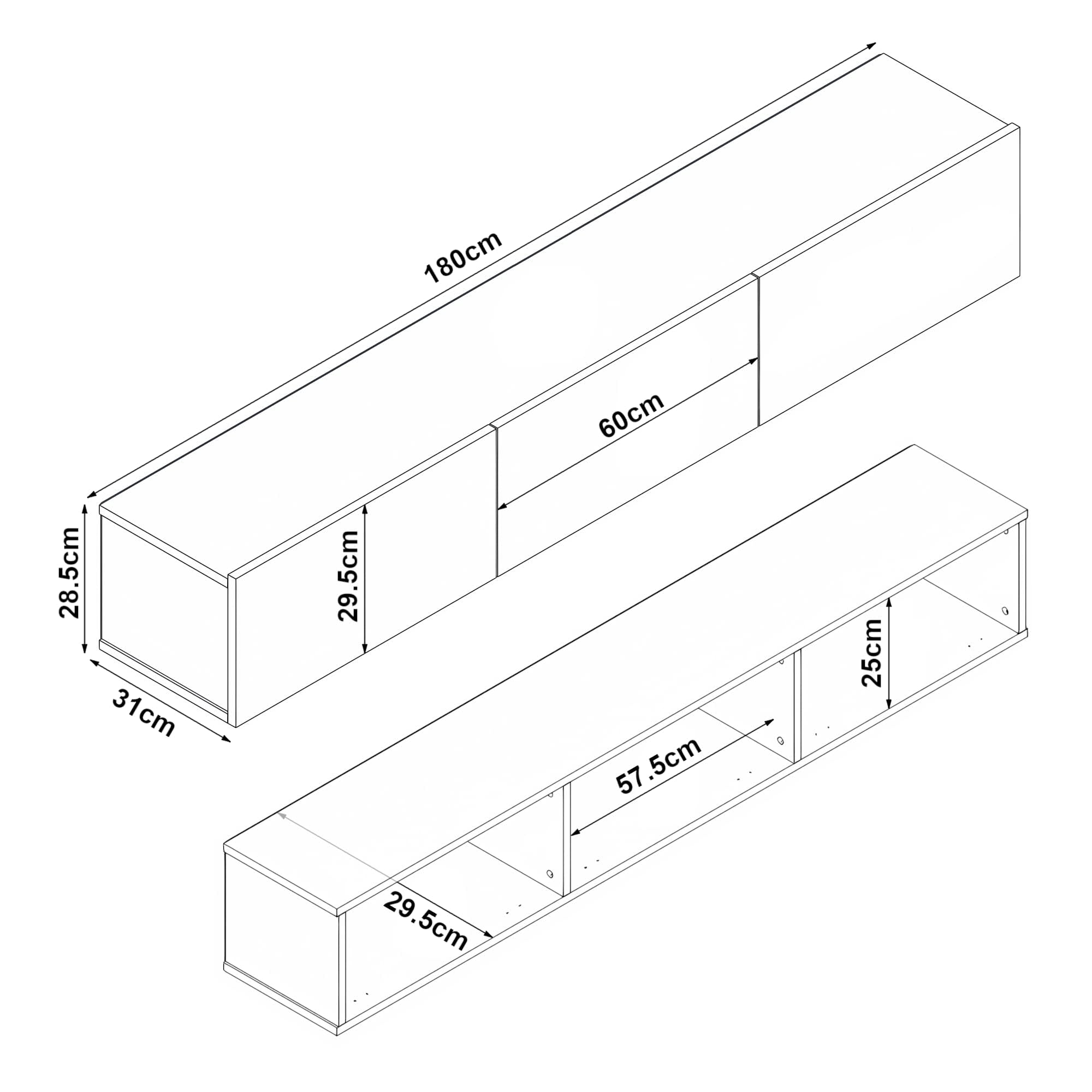 [en.casa] Mueble TV Suspendido Mesa TV Flotante con 3 Compartimientos Puertas Abatibles Aglomerado 180 x 31 x 30 cm - Blanco