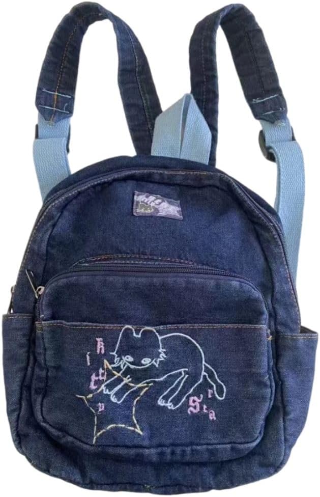 Denim Small Backpack Purse for women Y2k Mini Backpack Purse Cute Cat Bookbag Tiny Japanese Purse Bag (blue)