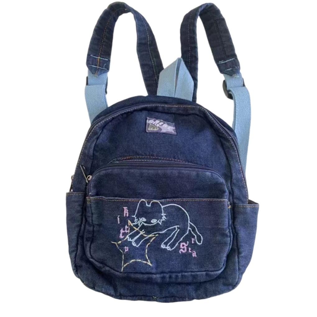 Denim Small Backpack Purse for women Y2k Mini Backpack Purse Cute Cat Bookbag Tiny Japanese Purse Bag (blue)