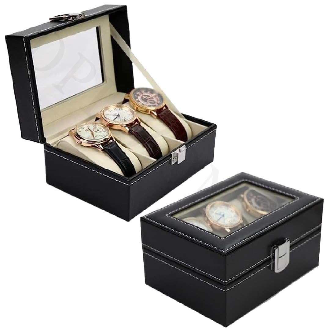 DPISZONE Wrist Watch Storage Box Display Case Organizer of Faux Leather Finish with Glass Window Watch Storage Holder Display Jewelry Case Box for Gifts - Black (3 Slots Watch Box) (B0CH16LHGD) Amazon Price History, Amazon Price Tracker