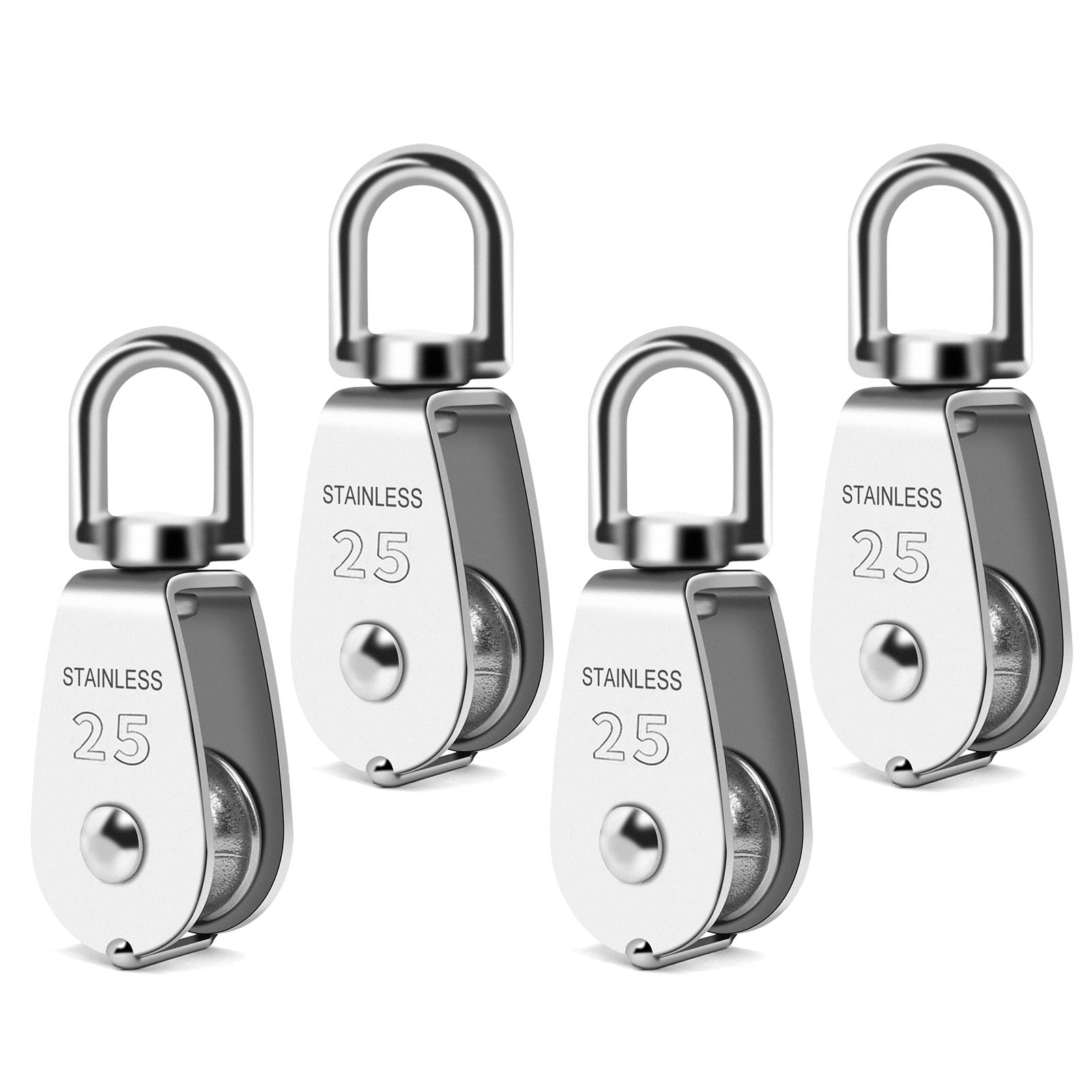LordHardware 4PCS M25 Single Pulley Snatch Block 304 Stainless Steel Lifting Crane Swivel Hook,1/4" Rope x 1" Sheave